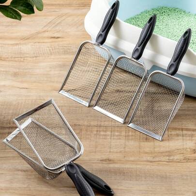 Pala para arena de gato de acero inoxidable, con pequeños orificios, para arena mineral de bentonita, suministros para mascotas