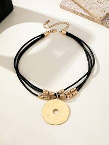 1 Peça Colar Vintage com Pingente de Textura de Metal Exagerada e Cordão Preto Sobreposto, Versátil para Uso Diário e Ocasiões