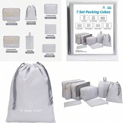 Packing Cubes Set 7pcs CACATUA Multifunctional Travel Packing Cubes Set With 3 Clothing Sorting Packages 1 Waterproof Toiletry Cosmetic Bag 1 For Shoes 1 For Laungry 1 Zippered Bag Gray