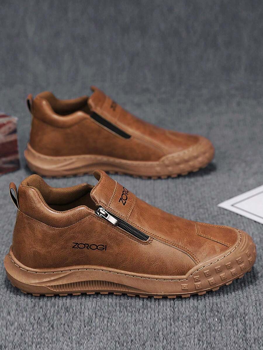 Herren Lässig Sportschuhe, Outdoor Lederschuhe, modische Reißverschluss Knöchelstiefel, wasserdichte Lederstiefel, Lässig Loafer, wasserdichte rutschfeste Sneaker, dicksohliger erhöhter Lederschuh, Doppelreißverschluss personalisierte vintage-style wasserdichte Leder Kurzstiefel - Braun - Übersicht 1