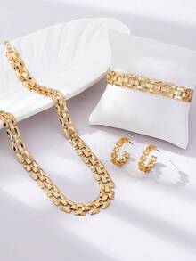 1pc Fashion 3D Geometric Watch Chain Necklace, 1pc Geometric Watch Chain Bracelet, 1 Pair Alloy Geometric Watch Chain Earrings