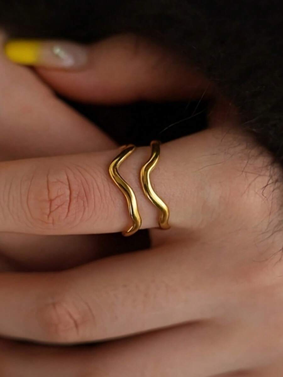 Anillo abierto de doble capa elegante para mujeres - Pieza de declaración ajustable y elegante, perfecta para uso diario, vacaciones o regalo del Día de San Valentín, acero inoxidable con diseño asimétrico único