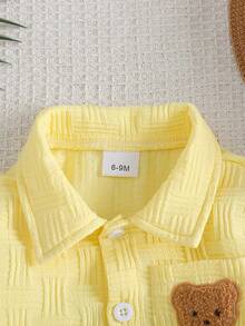 2pcs Baby Boy Street Fashion Textured Pocket Bear Embroidered Shirt And Pants Set - Yellow - View 3