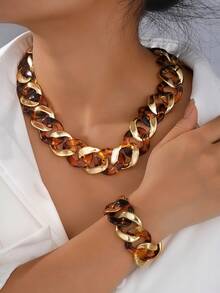 2pcs Vintage Fashionable Exaggerated Hip-Hop Style Metal Hollow Geometric Chain Necklace & Bracelet 2-In-1 Gold Jewelry Set, Minimalist Punk Street Style Layered Choker Necklace, Suitable For Parties, Dates, Holidays, Gifts