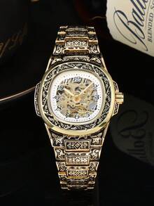 LONGLUX 1pc Men's Hollow Automatic Mechanical Movement Engraved Retro Numeric Scale Waterproof Watch - Multicolor - View 6