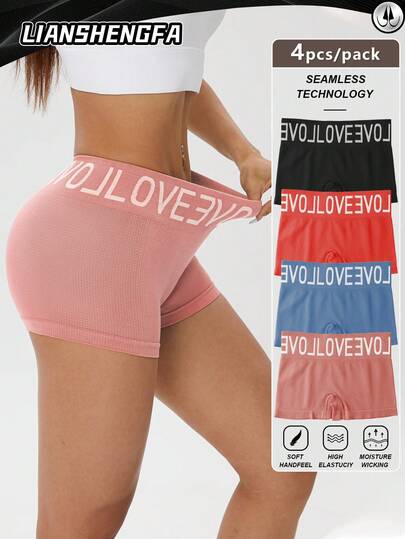 LianShengFa 4pcs Letter Waistband Seamless Mid-Waist Shaping Panties,High Stretch Breathable Mesh Fabric Women's Underwear, Comfy Soft Fit Ladies Briefs