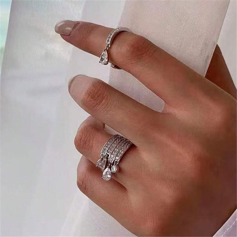 VKHK 2pcs/Set Luxurious Cubic Zirconia Rhinestone Teardrop Pendant Adjustable Ring Set, Suitable For Women Wedding Wear & Gift - Ring 2-piece Set - View 1