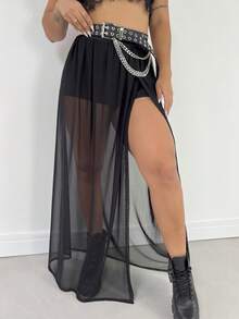 Women's Long Tulle Skirt For Festival Or Clubbing With Elegant Slit Casual Transparent Side Opening - 黑色 - 查看 1