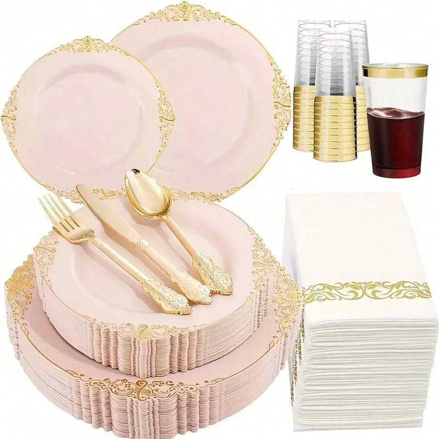 175pcs Pink And Gold Plastic Plates - Black Gold Disposable Plates Include 25 Dinner Plates,25pcsDessert Plates,25 Knives,25 Forks,25 Spoons,25 Cup,25 Napkins For Wedding & Party - Pink - View 1