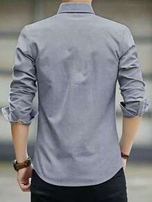 Camisa de manga larga de color azul sólido clásica para hombre, elegante de negocios casual caballerosa - Gris - Ver 2