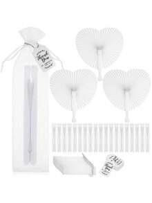 1/10/30/50/80/100pcs White Heart/Round Paper Folding Fans, 100pcs = 50pcs Fans + 50pcs Fan Bags, Wedding Ceremony Supplies, Elegant White Paper Folding Fans, Heart-Shaped Origami Design, Handheld Folding Fans, Suitable For Wedding Guest Decoration, Bride Photography And Party Favors, Reception And Ceremony Supplies, Wedding Supplies | Elegant Hand Fan | DIY Paper Art Fan, Heart-Shaped Decorative Fan, Summer Paper Fan, Best Birthday Gift - White - View 3