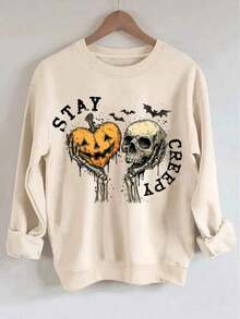 Horror Retro Dripping Heart Halloween Skeleton Hand Weird Graphics Grunge Horror Design Fashion Skullfall Clothes For Women Nightmare Before Christmas Inspired Halloween Costume Unisex Loose Oversized Sweatshirt Girl Boyfriend Style Outfit Casual Versatile Long Sleeve Jacket - 淺杏色 - 查看 3