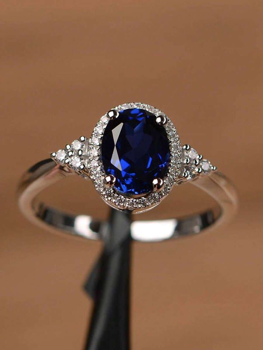 1pc Sapphire Blue Zirconia Ring, Fashionable & Popular Engagement Jewelry - Royal Blue - View 1