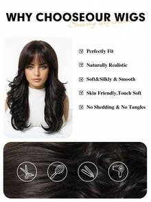 Brown Synthetic Wig With Bangs, Dark Brown Long Wavy Layered Wig, Suitable For Women's Daily Party Cosplay Wig 20 Inch For Everyday, Holiday, Travel Party Role-Play Wear - 棕色 - 查看 7