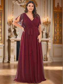 EVERPRETTY Elegant V-Neck Ruffle Flare Sleeve Floor-Length Burgundy Bridesmaid Dress, Spring/Summer Wedding Guest Party Dress - Burgundy - View 7