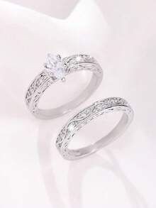 2 piezas Juego de anillos de moda de lujo para mujer, incrustados con circonita cúbica blanca sintética brillante, diseño multielemental, joyería fina para bodas y compromisos de mujer, accesorios elegantes para fiestas y bodas, regalo romántico