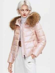 ZIAI Women's Casual Solid Shiny Winter Jacket, New Fashion Belted Slim Fit Thick Jacket, Women's Short Down Jacket With Faux Fur Collar, Fashionable Holiday Choice - Baby Pink - View 9