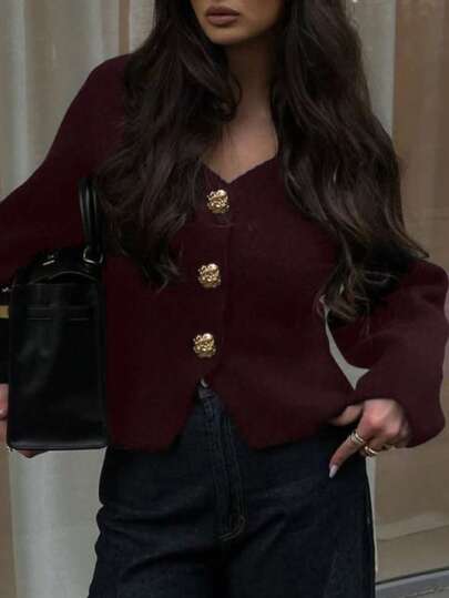 Women's Casual Fit Solid Color V-Neck Straight Shoulder Metal Button Hem Slit Long Sleeve Knit Cardigan Open Front Sweater Loose Outerwear, Spring Summer Fall