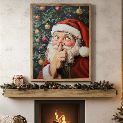 1pc, Canvas Wall Art, Framed Christmas Wall Art, Fun Santa Painting, Vintage Santa Wall Art, Retro Christmas Decor, Farmhouse Holiday Print, Festive Art, Christmas Decor, Home Decor Poster, Room Decor, Dorm Decor, Bedroom Decor, Bathroom Decor, Living Room Decor, Christmas Gift, New Year Decor