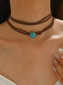 1 pieza Collar multicapa envuelto con colgante de corazón hueco y óvalo de aleación de estilo vintage bohemio, adecuado para el uso diario de la mujer - E - Ver 9