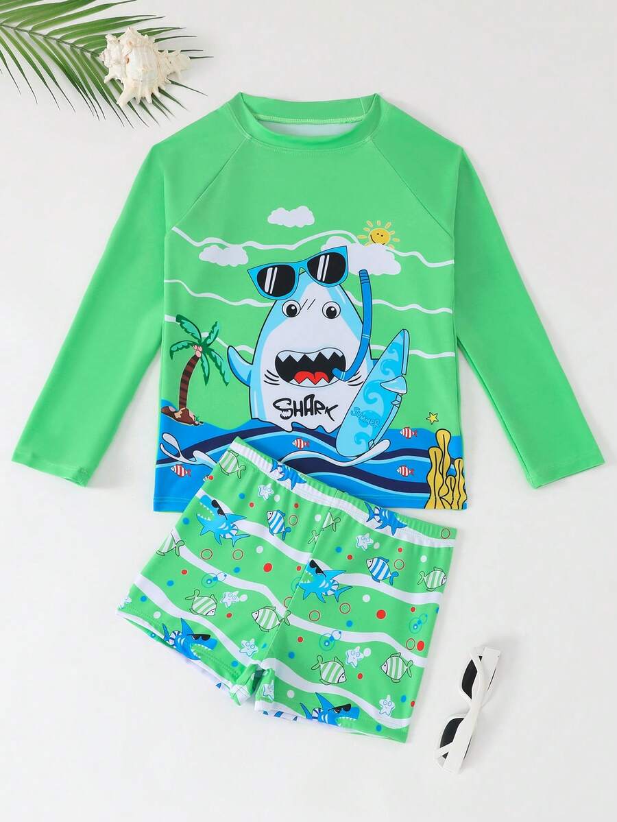 WD INF Boys' UV Protection Beach Set With Fun Surfer Shark Print 2025 I3601 - 薄荷綠 - 查看 1