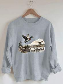 Plus Size Women's Daily Wild Ducks Flying Over The Shore And On The Water, Amidst The Scenery Of Pine Trees, Lakes, And Distant Mountains Pattern Sweatshirt Round Neck Long Sleeves Casual Spring/Summer/Fall Women's Plus-Size Long-Sleeved Sweatshirt Thanksgiving Day Going Out Tops Women,Vacation Outfits Women - Light Grey - View 4