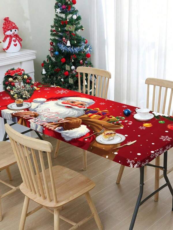 1 Set Christmas Rectangle Tablecloth, Elastic Tablecloth Fits 6ft Rectangular Dining Table, Christmas Decor, Christmas Decoration, Party Tablecloth, Santa Claus Pattern Design, Suitable For Home Use Christmas Decoration, Christmas Decor, Home Decor, Fit For Folding Table, Picnic, Camping, Outdoor Use