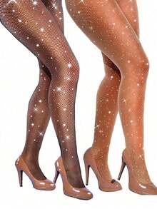 2/3 Pairs Sexy Shiny Fishnet Stockings & High Waist Rhinestone Fishnet Leggings, Women Party Tights For Dress, For Christmas Gift - 2雙黑色 - 查看 1