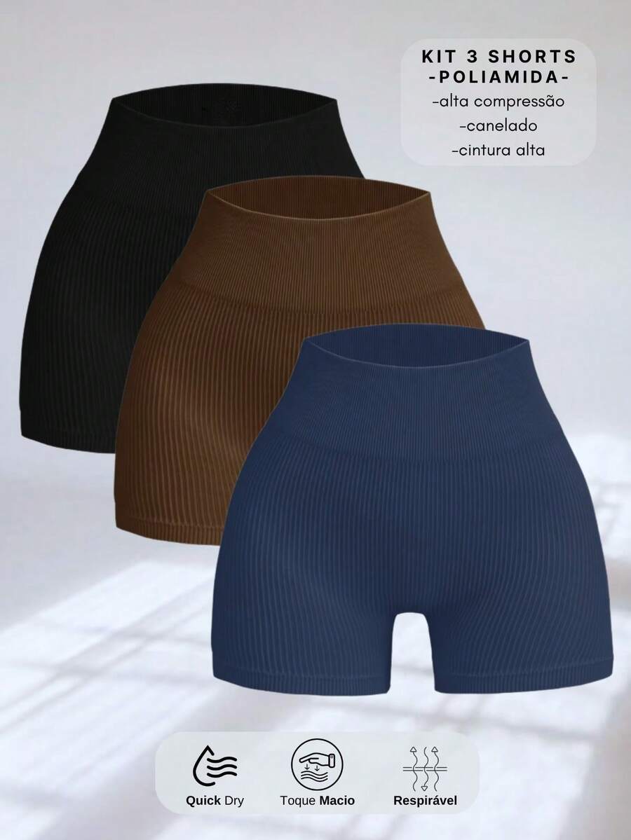 3 SEAMLESS RIBBED SHORTS KIT – HIGH COMPRESSION - Pto/ Brown/ Blue - View 1