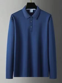 男士商务休闲修身长袖 Polo 衫，纯色纽扣领设计，适合日常穿着和商务办公场合。复活节 Polo 运动 - 藏蓝色 - 查看 4