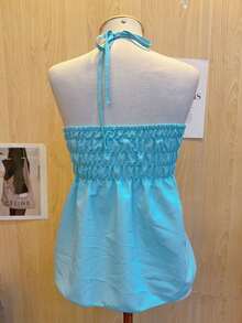 Butterfly Cropped Blouse With Ruffled Neck Tie - Baby Blue - View 2