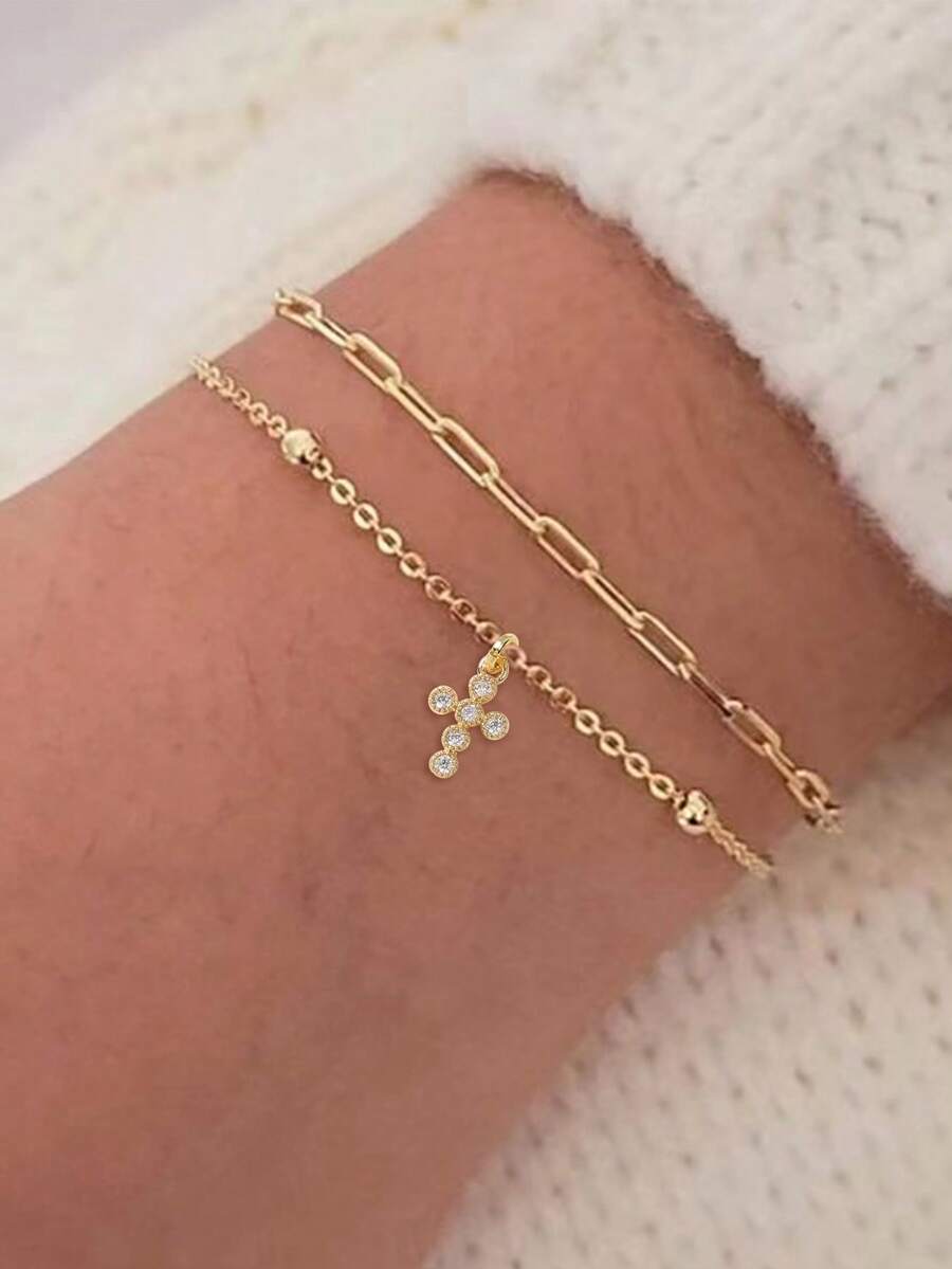 Tkool Set de 2 pulseras de mujer con diseño clásico de capas y elemento de cruz (cantidad de cadena y cuentas al azar) - Amarillo Oro - Ver 1