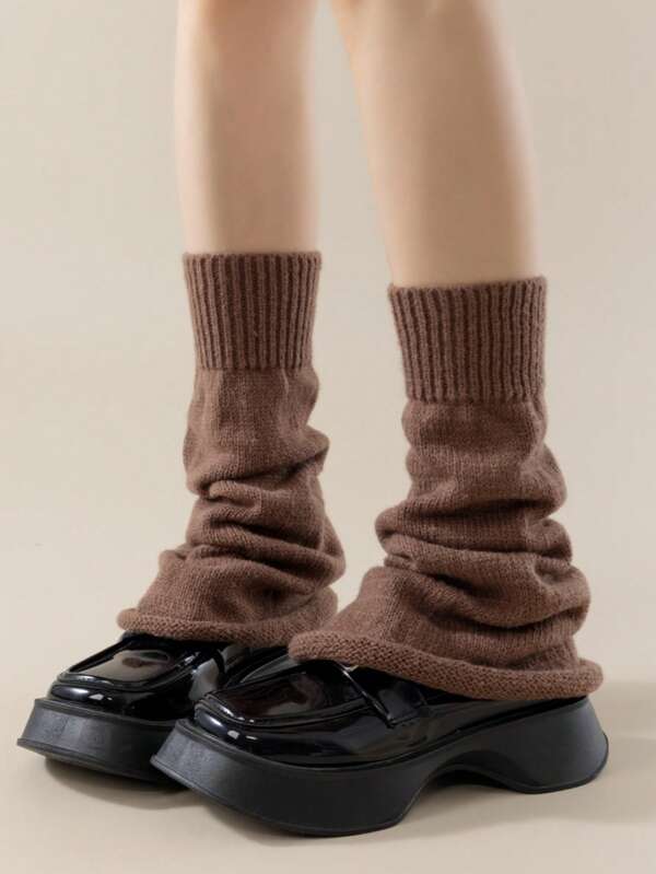 1 Pair Women Solid Color Leg Warmers, Beige Lolita Style Knee High Knitted Leg Warmers