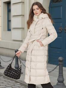 ZIAI High Quality Solid Color Hooded Slim Fit Long Down Jacket, Winter - Apricot - View 11
