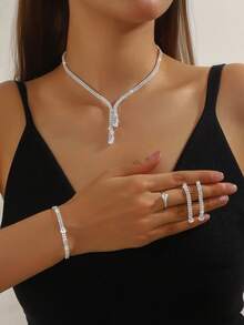 5 件套奢华水钻镶嵌项链、耳环、手链和戒指套装，适合女性日常通勤、婚礼、派对、节日礼物 - 精緻百搭項鍊套裝 - 查看 17