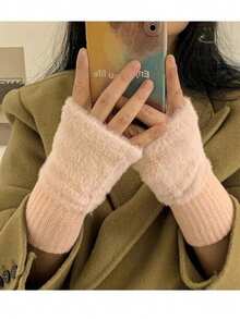 1 双柔软半指手套，针织保暖无指冬季手套，适合女士 - 白色 - 查看 15