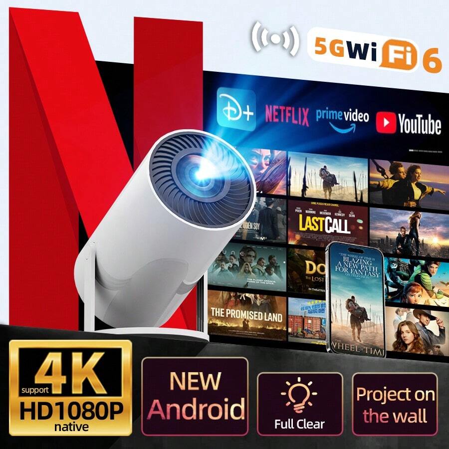 HUASHIJIE 4k Home Ultra HD 5G Projector Multi Functional Immersive Home Cinema, Supports WiFi Connection To Android Apple Phone, Directly Projected White Wall Projector Home KTV Gaming Online Course Bedroom Dormitory, Supports HD Interface, USB Interface Connection, Built In Android System Massive Application Download, Built In Sound System, Outdoor Projection, Christmas And Valentine's Day Gifts - View 1