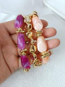 LADYCOCO 3pcs Vintage Thick Chunky Acrylic Beaded Multilayer Bracelet, Transformable Gold Chip Bracelet, Suitable For Women, Couples, Party, Daily Wear - Multicolor 28 - View 5