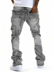 男式口袋磨边休闲弹力紧身喇叭牛仔裤 - 淺灰色 - 查看 3