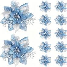 20pcs Glitter Poinsettia Artificial Christmas Flowers With Clips - Sparkling Blue & Pink Floral Garland Ornaments For Holiday Tree Decor, Wedding, And Party Decorations, Christmas Decorations - 10flower+10Clips - View 15