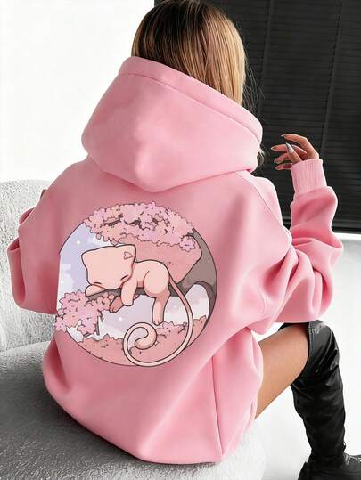 Ciepła damska bluza z kapturem, bawełniany top damski podszyty polarem, bluza w stylu anime z motywem wiśni i kota, wygodny i stylowy design, uniwersalny styl uliczny, wyjątkowy i indywidualny element artystyczny, odpowiednia do noszenia jesienią i zimą, luźny, swobodny top w stylu gotyckim i preppy, odzież unisex dla dorosłych, miękka i oddychająca kurtka z długim rękawem.