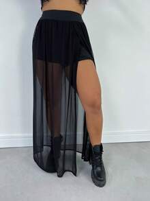 Women's Long Tulle Skirt For Festival Or Clubbing With Elegant Slit Casual Transparent Side Opening - 黑色 - 查看 6