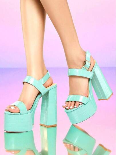 Women's Mint Green Gator Embossed Platform Heels | Chunky Block Ankle Strap Party Nightclub Sandals