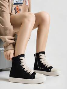 Alan Vincent [Delivery From Local Warehouse][Quick Arrival] Classic  Women's Boots New Style High-Top Black Boots Women Lace-Up Zip Flat Shoes - màu đen - Xem 7