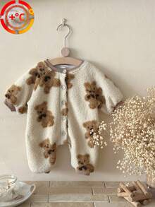 INS Baby Toddler Sherpa Bear Print Long Sleeve Thick Warm Jumpsuit, Autumn/Winter - Camel - View 2