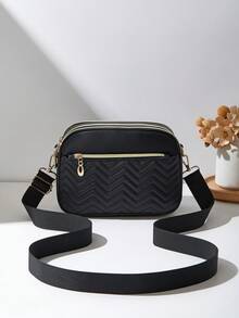 1pc Women's Casual Commuter Crossbody Bag, 4 Zipper Design, Solid Color Personalized Fashion Wavy Pattern, Comfortable Handheld And Shoulder Strap, Large Capacity, Suitable For Travel, Shopping, Commuting - Black - View 4