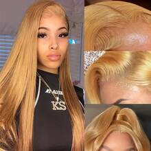 Halloween Honey Blonde Straight Human Hair Wig With 13x6 Transparent Lace Front - Pre-Plucked, 180% Density, Ombre 27  For Women - Natural Look & Versatile Styling, Comfortable Lace Cap For All Light Beige Tones, Human Hair Lace Front Wig, Ready To Wear Human Hair Wigs, Human Hair Wigs For Women Glueless, Wig, Real Human Hair Wigs For Women Halloween Cosplay Remy Hair For Everyday And Special Events - Elegant Hairstyles, Versatile Wigs - 金色 - 查看 3