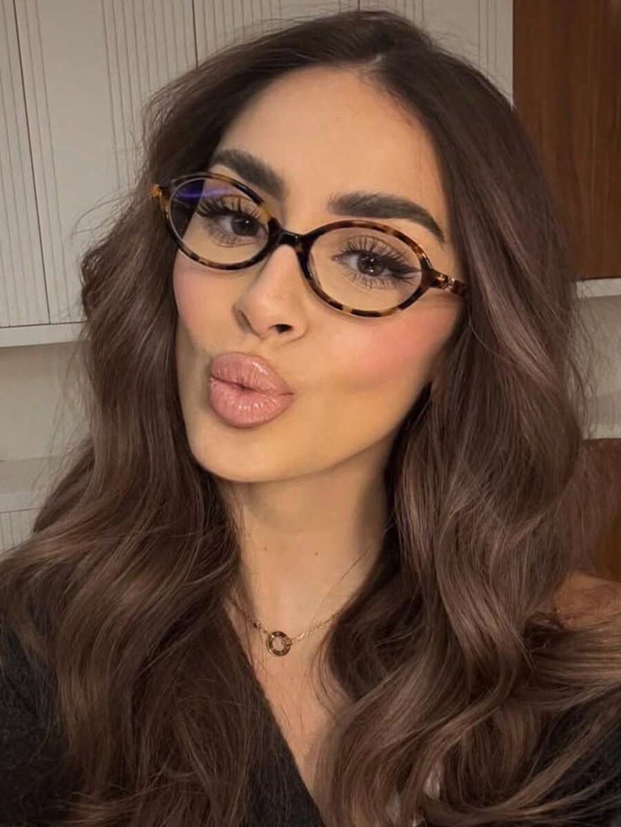 一副复古小椭圆形透明镜片眼镜，复古个性化无度数眼镜，女士眼镜，适合街头摄影、旅行、度假、海滩穿着 - 07222-豹紋 - 查看 1