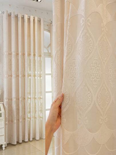 1pc Beige Geometric Jacquard Velvet Perforated Curtain For Living Room And Bedroom - Sheer And Light Filtering Curtain, Suitable For Christmas (180g Fabric Weight)