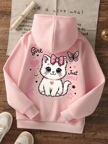 1pc Tween Girl Casual Printed Pullover Sweatshirt, Thermal Lined, Long Sleeve, Autumn/Winter Student Clothing - Pink - View 3